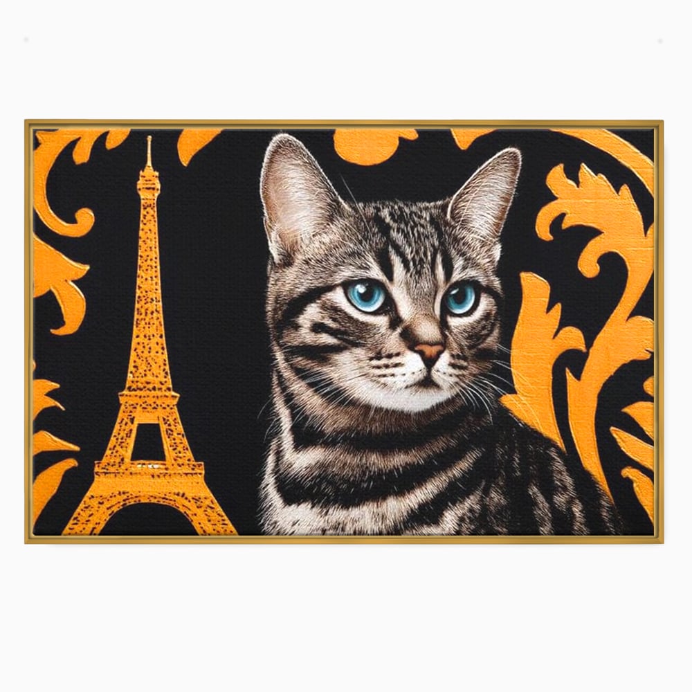 Tablou canvas cu tablou canvas cu pisica si turnul eiffel, in rama de aluminiu auriu